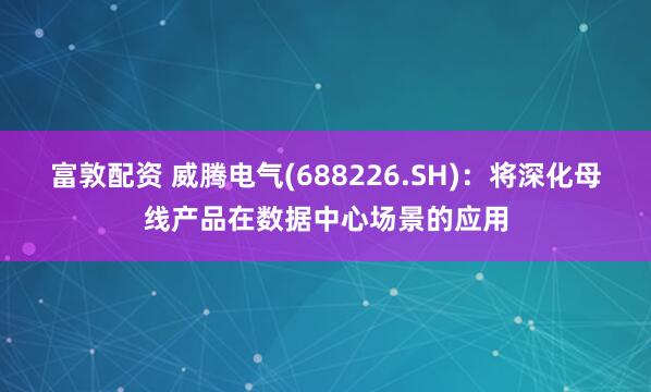 富敦配资 威腾电气(688226.SH)：将深化母线产品在数据中心场景的应用
